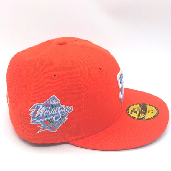 SAN DIEGO PADRES 1998 WORLD SERIES ORANGE ICY BLUE BRIM NEW ERA FITTED HAT 7 1/4 - Picture 4 of 9